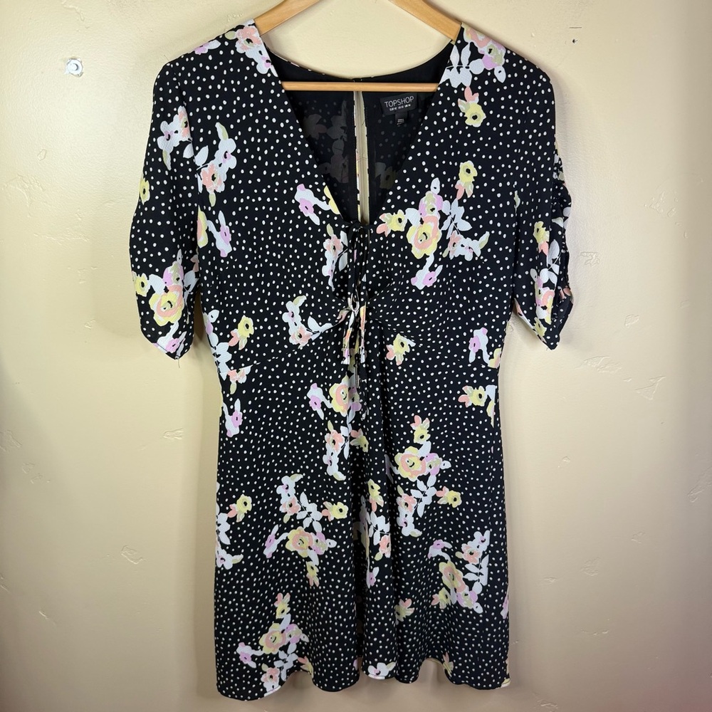 Top Shop Floral Knee Length Dress Size 10 Flowy with Tie Cottagecore Office Wear